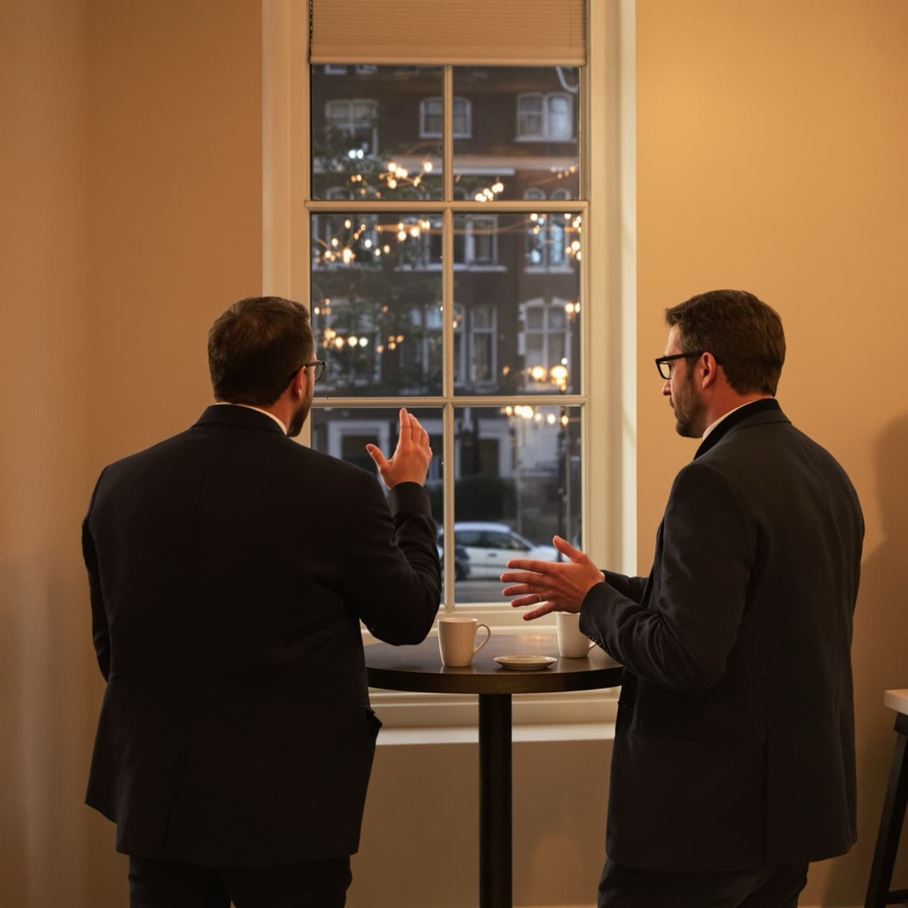 Professionals sharing a conversation over coffee at a networking gathering